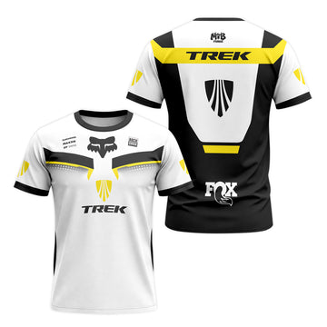 Trek Fox White Black Yellow Factory Short Sleeve Mountain Bike Jersey - front and back view