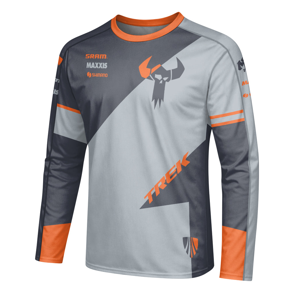 Trek Gray Orange Long Sleeve Mountain Bike Jersey - left side mockup
