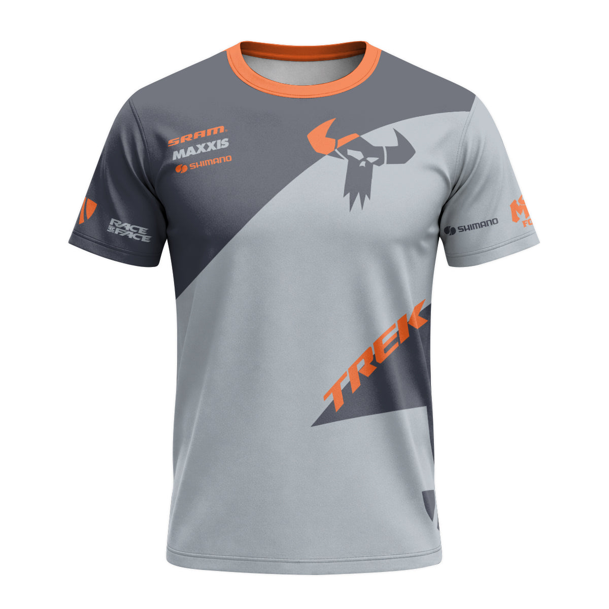 Trek Gray Orange Short Sleeve Mountain Bike Jersey - front view mockup