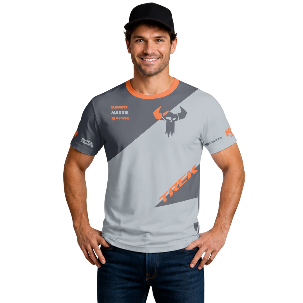 Trek Gray Orange Short Sleeve Mountain Bike Jersey - lifestyle view