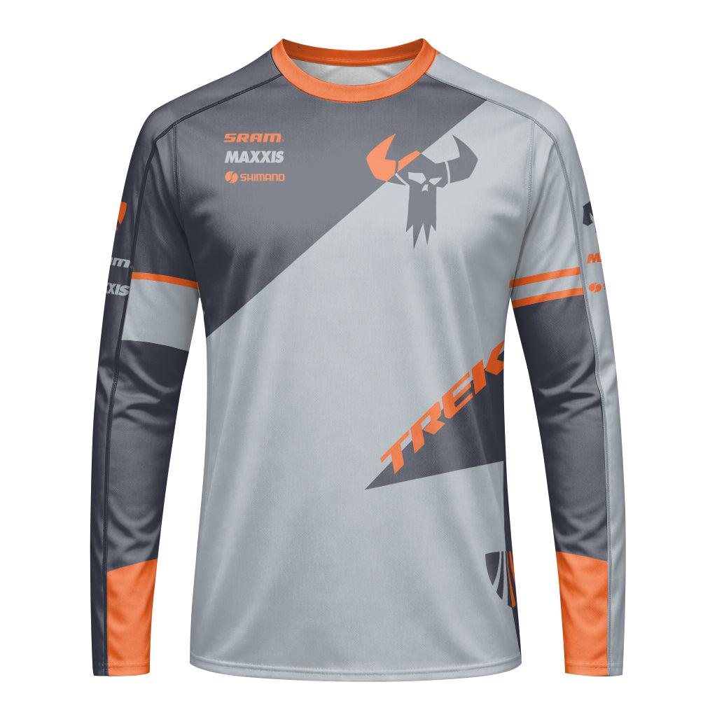 Trek Gray Orange Youth Long Sleeve Mountain Bike Jersey – Front View Mockup