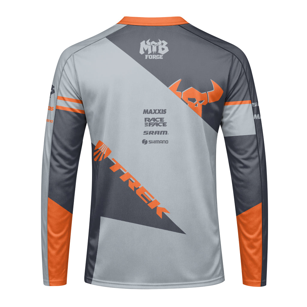 Trek Gray Orange Youth Long Sleeve Mountain Bike Jersey – Back View Mockup