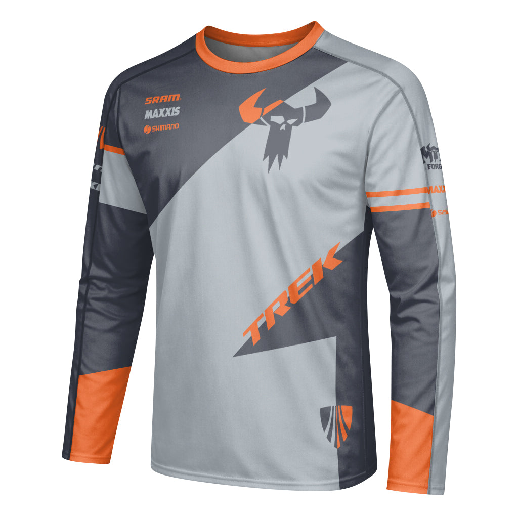 Trek Gray Orange Youth Long Sleeve Mountain Bike Jersey – Left Side View Mockup