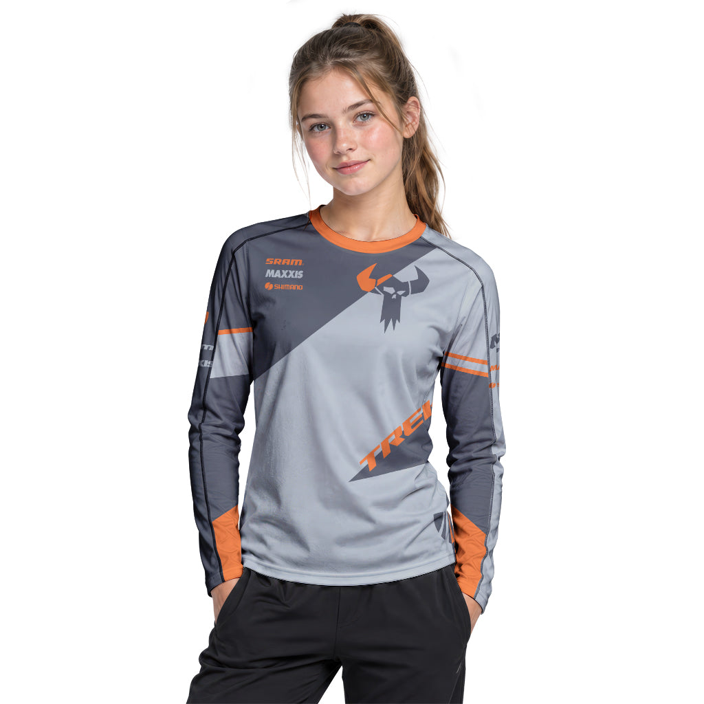Trek Gray Orange Youth Long Sleeve Mountain Bike Jersey – Girl Lifestyle View
