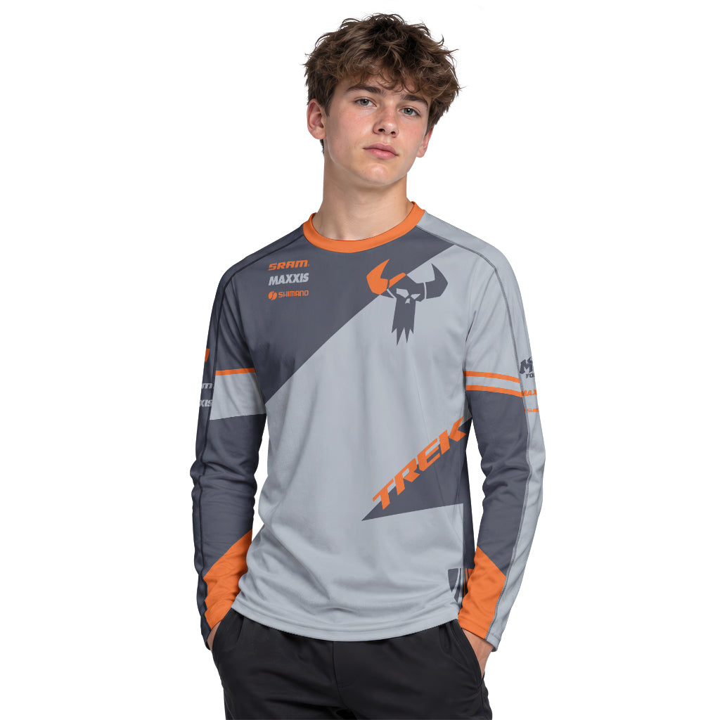 Trek Gray Orange Youth Long Sleeve Mountain Bike Jersey – Boy Lifestyle View