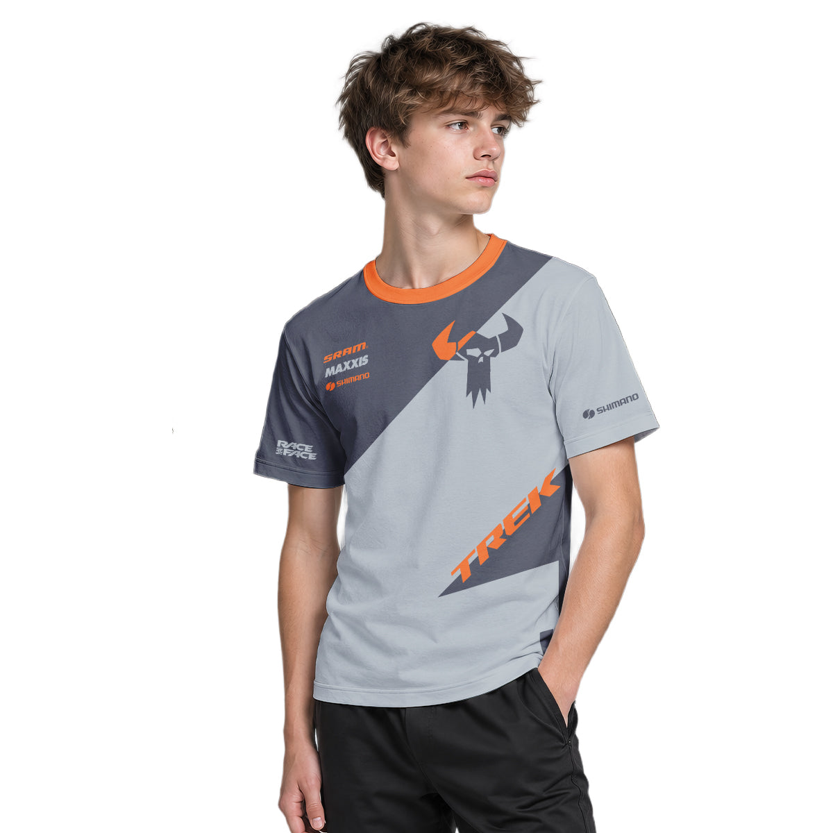 Trek Gray Orange Youth Short Sleeve Mountain Bike Jersey – Boy Lifestyle View
