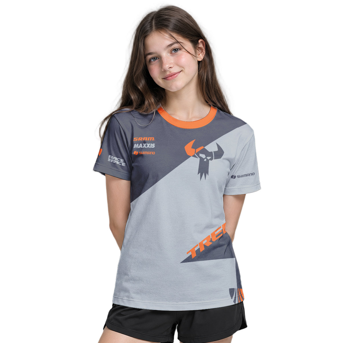 Trek Gray Orange Youth Short Sleeve Mountain Bike Jersey – Girl Lifestyle View