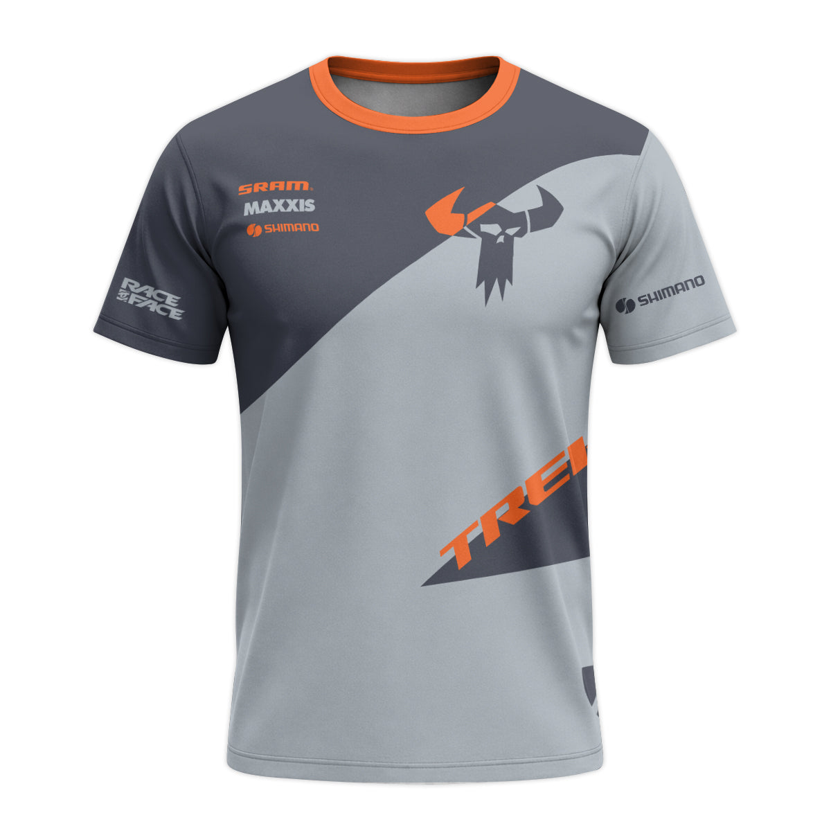 Trek Gray Orange Youth Short Sleeve Mountain Bike Jersey – Front View Mockup