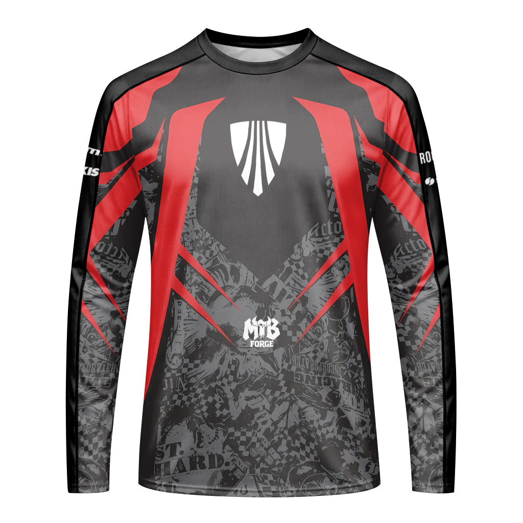 Trek Red Black Graphic Long Sleeve Mountain Bike Jersey – Front View Mockup