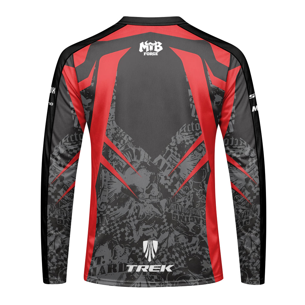 Trek Red Black Graphic Long Sleeve Mountain Bike Jersey – Back View Mockup