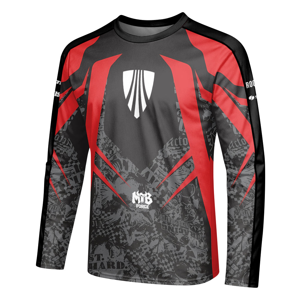 Trek Red Black Graphic Long Sleeve Mountain Bike Jersey – Left Side View Mockup