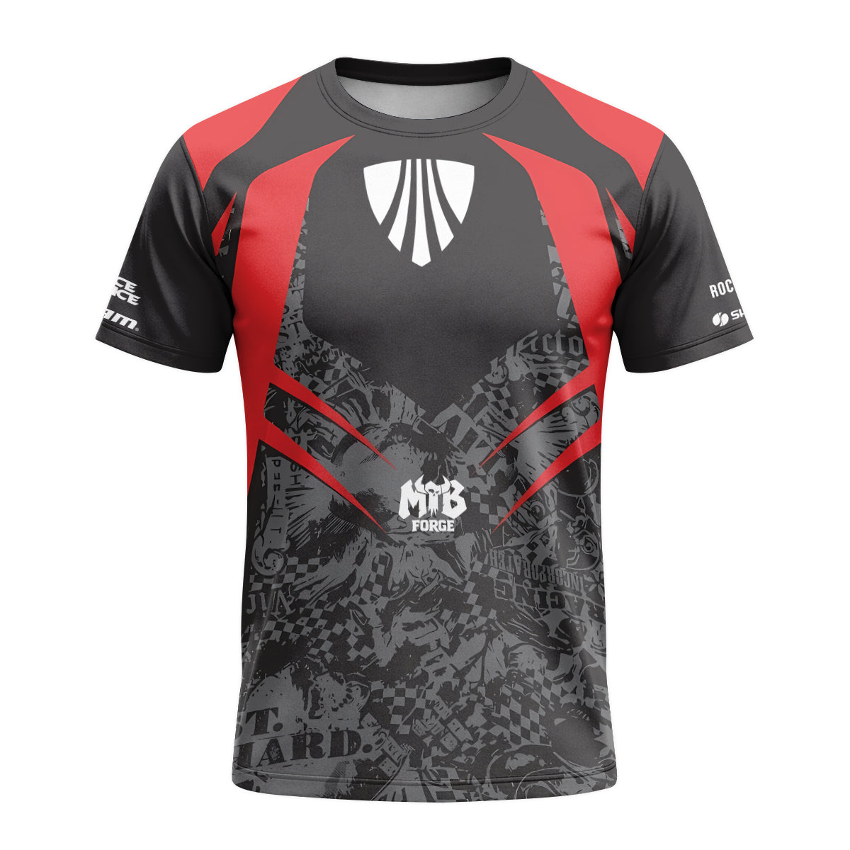 Trek Red Black Graphic Short Sleeve Mountain Bike Jersey – Front View Mockup