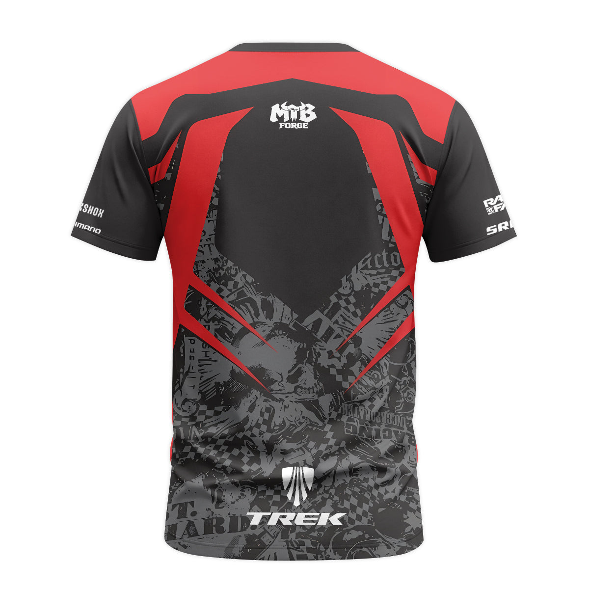 Trek Red Black Graphic Short Sleeve Mountain Bike Jersey – Back View Mockup
