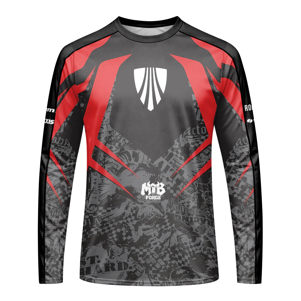 Trek Red Black Graphic Youth Long Sleeve Mountain Bike Jersey – Front View Mockup