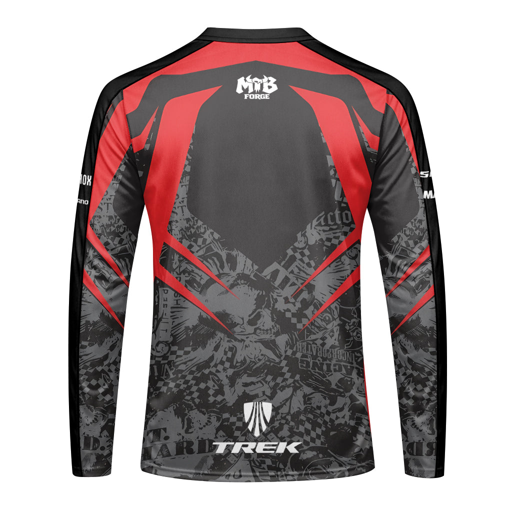Trek Red Black Graphic Youth Long Sleeve Mountain Bike Jersey – Back View Mockup