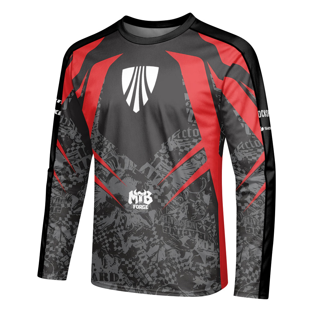 Trek Red Black Graphic Youth Long Sleeve Mountain Bike Jersey – Left Side View Mockup