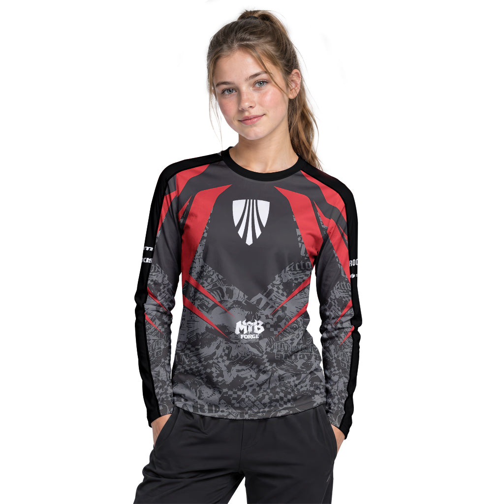Trek Red Black Graphic Youth Long Sleeve Mountain Bike Jersey – Girl Lifestyle View