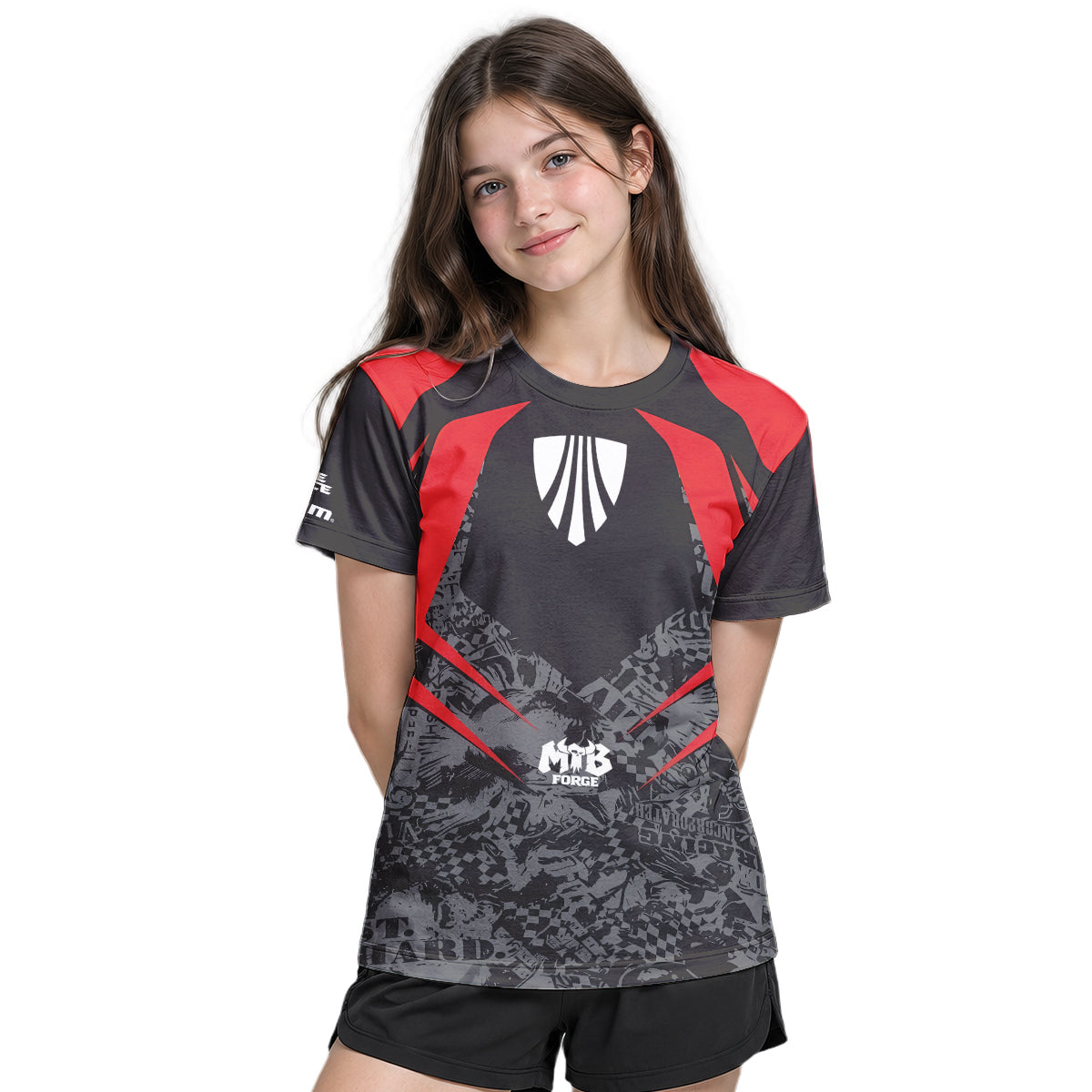 Trek Red Black Graphic Youth Short Sleeve Mountain Bike Jersey – Girl Lifestyle View