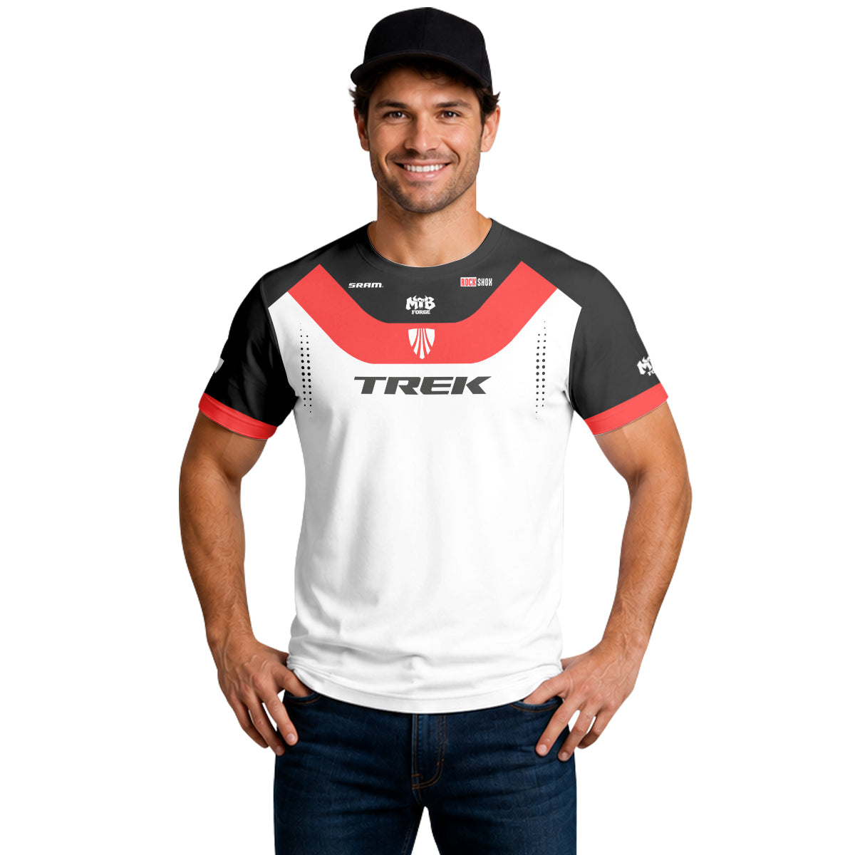 Trek Red White Black Factory Race Short Sleeve Mountain Bike Jersey - lifestyle view