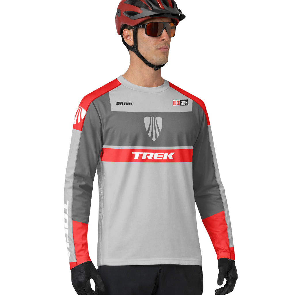 Trek SRAM RockShox Gray Red Factory Race Long Sleeve Mountain Bike Jersey - lifestyle view