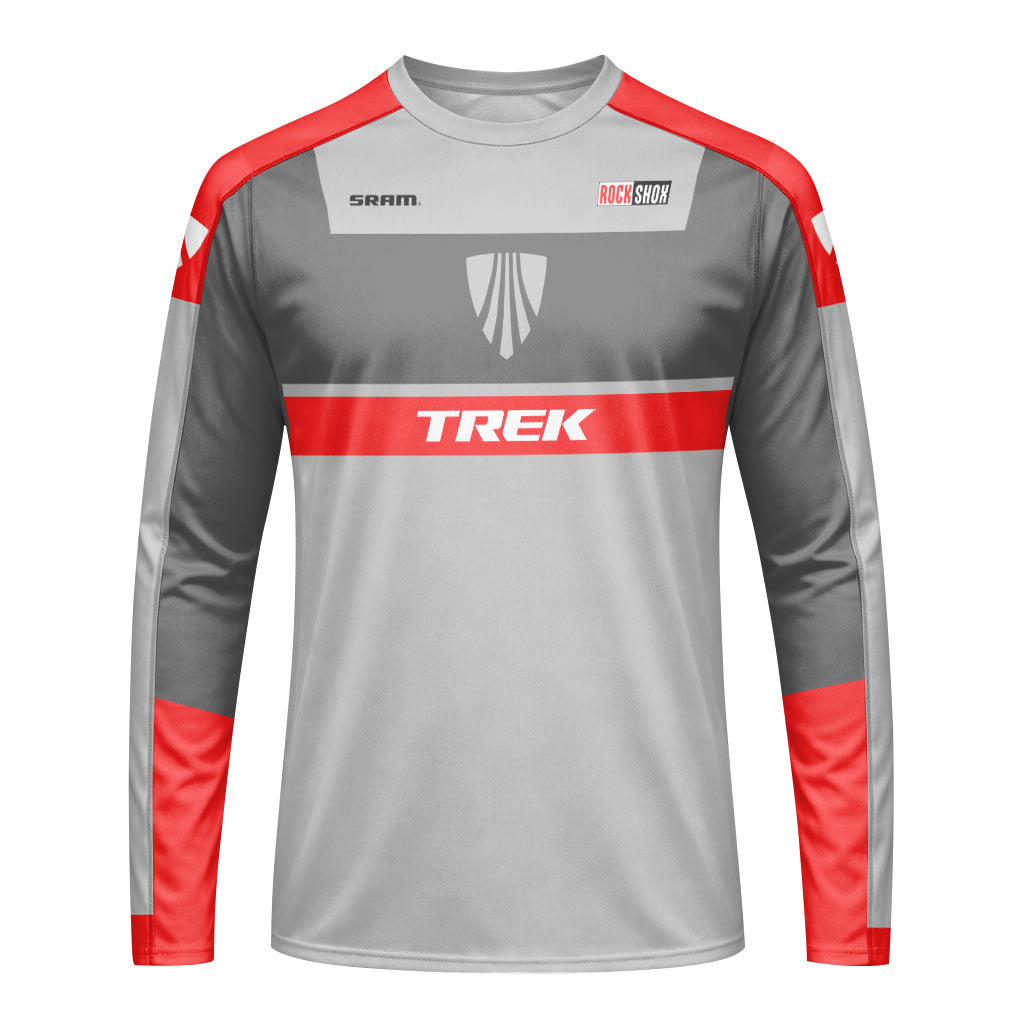 Trek SRAM RockShox Gray Red Factory Race Long Sleeve Mountain Bike Jersey - front view mockup