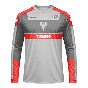 Trek SRAM RockShox Gray Red Factory Race Long Sleeve Mountain Bike Jersey - front view mockup