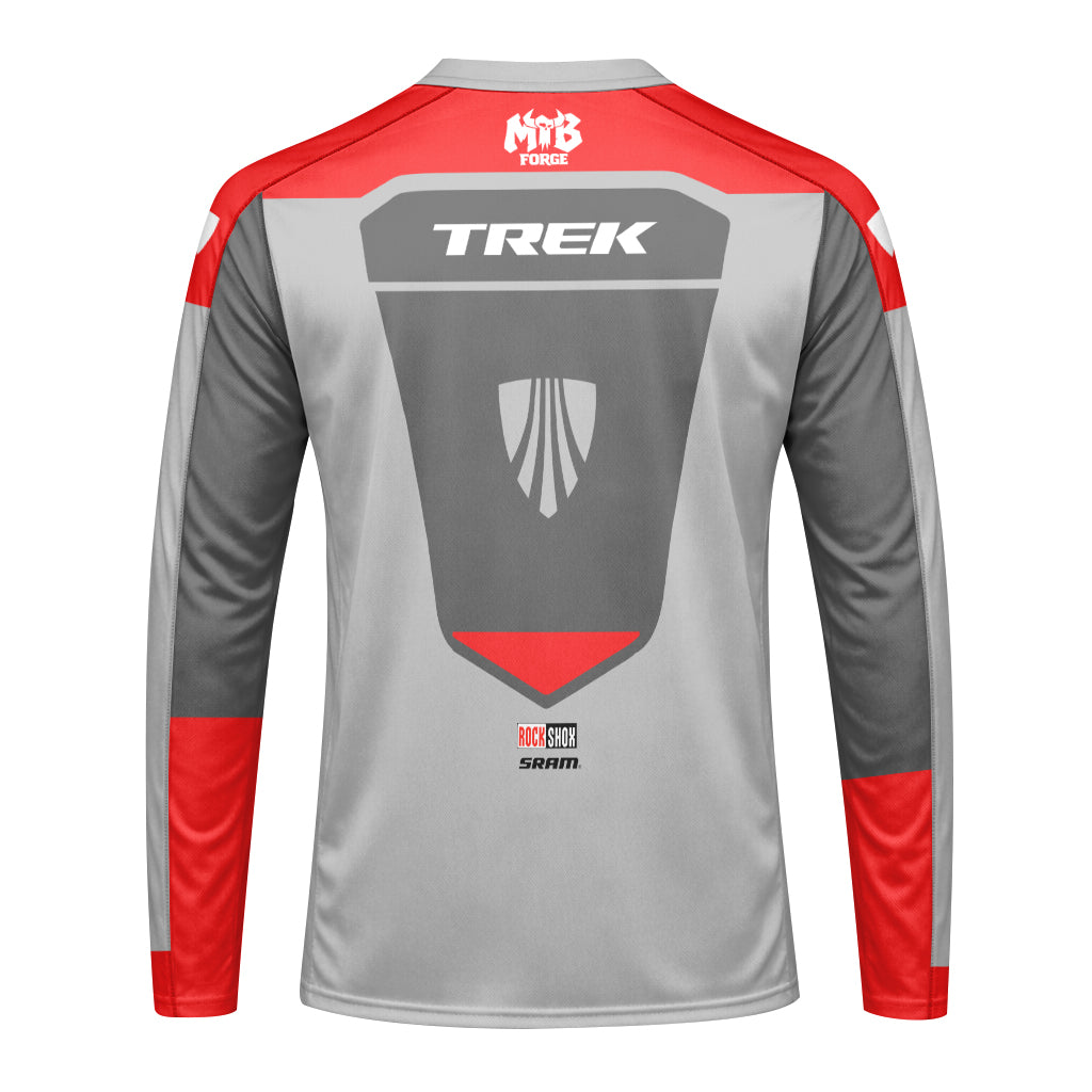 Trek SRAM RockShox Gray Red Factory Race Long Sleeve Mountain Bike Jersey - back view mockup