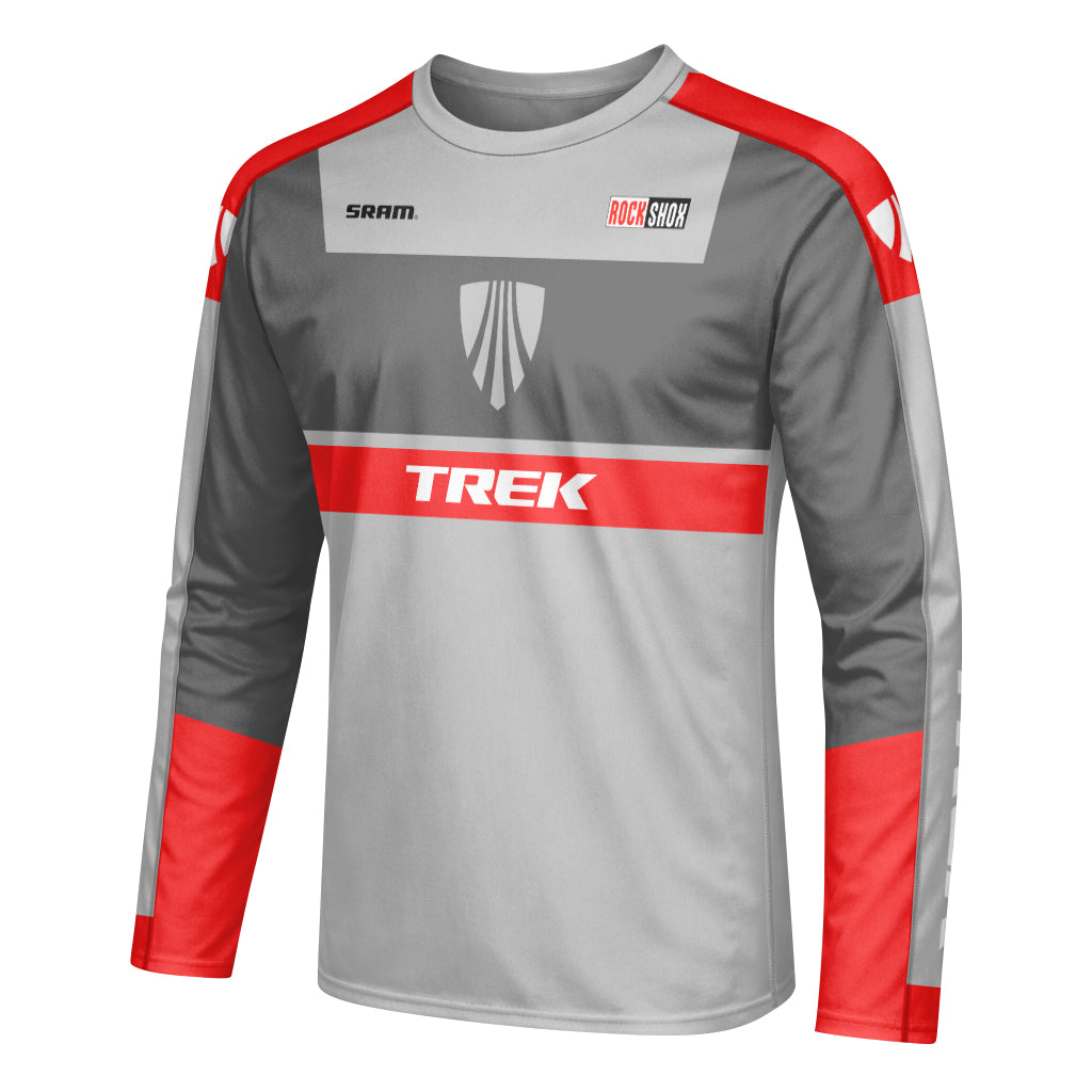 Trek SRAM RockShox Gray Red Factory Race Long Sleeve Mountain Bike Jersey - left side mockup
