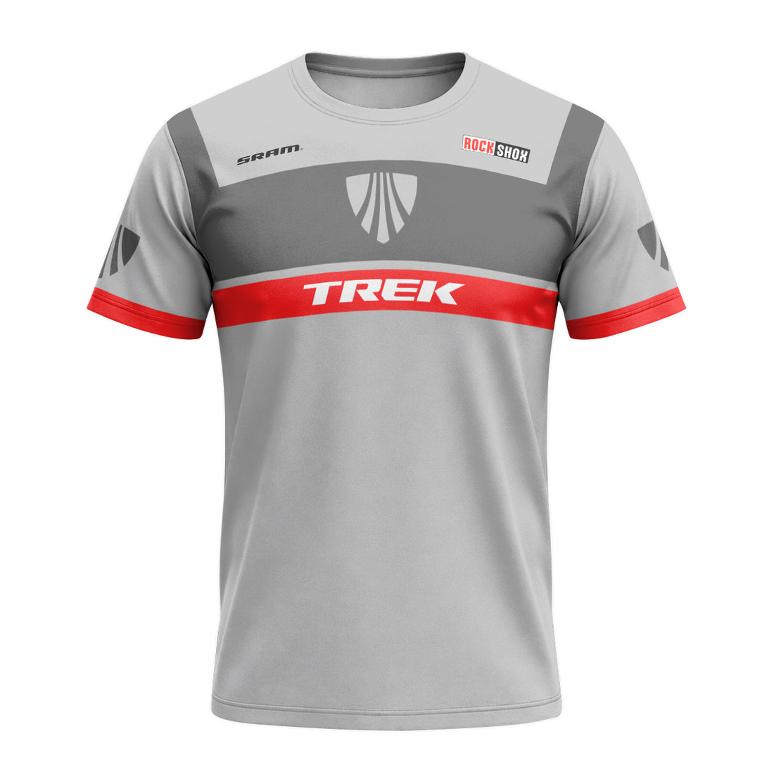 Trek SRAM RockShox Gray Red Factory Race Short Sleeve Mountain Bike Jersey - front and back view