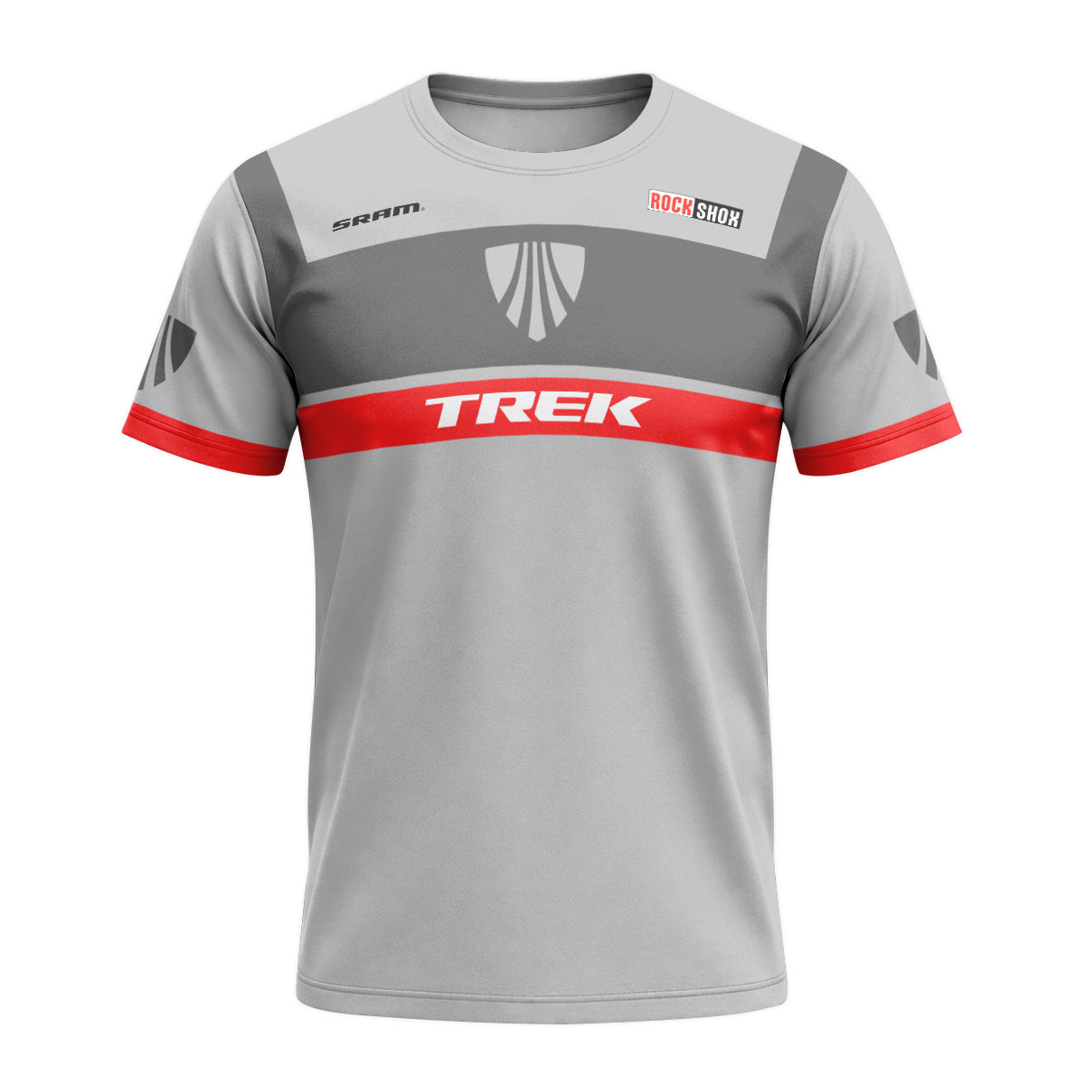 Trek SRAM RockShox Gray Red Factory Race Short Sleeve Mountain Bike Jersey - front view mockup