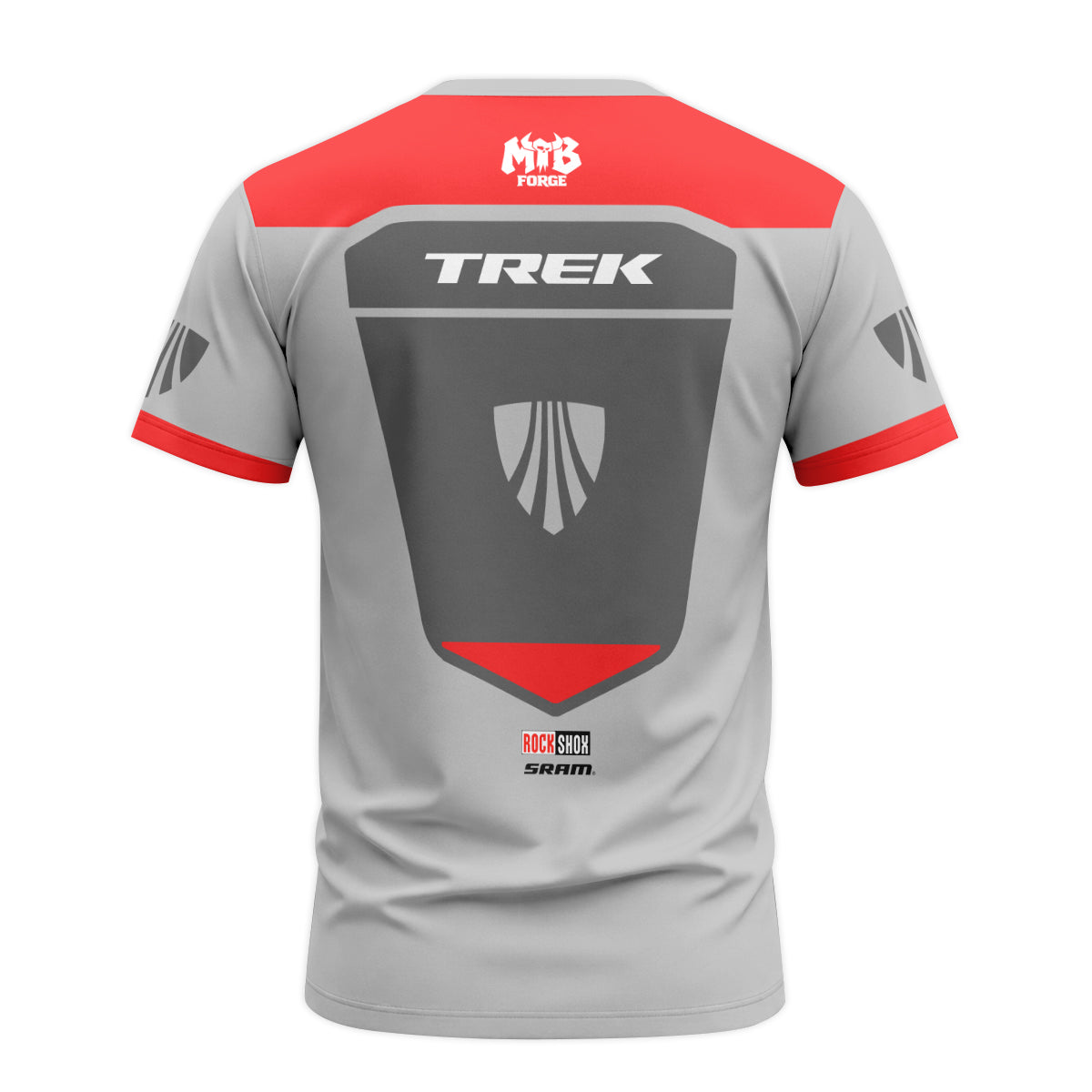 Trek SRAM RockShox Gray Red Factory Race Short Sleeve Mountain Bike Jersey - back view mockup