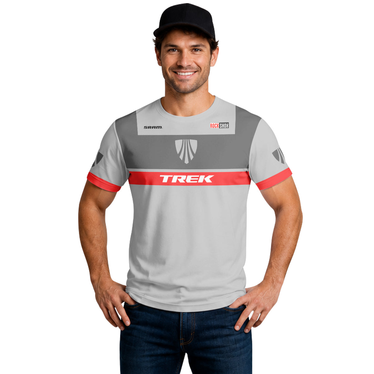 Trek SRAM RockShox Gray Red Factory Race Short Sleeve Mountain Bike Jersey - lifestyle view
