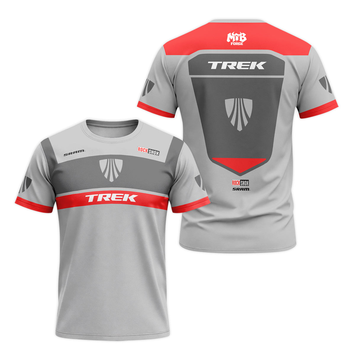 Trek SRAM RockShox Gray Red Factory Race Short Sleeve Mountain Bike Jersey - front and back view