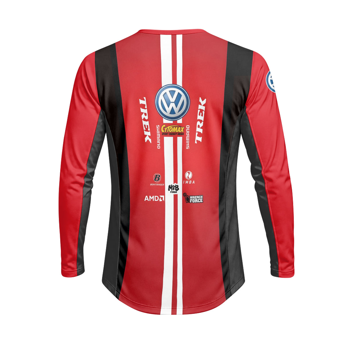 Trek Volkswagen Red Black Heavyweight Long Sleeve Motocross Jersey – Back View Mockup