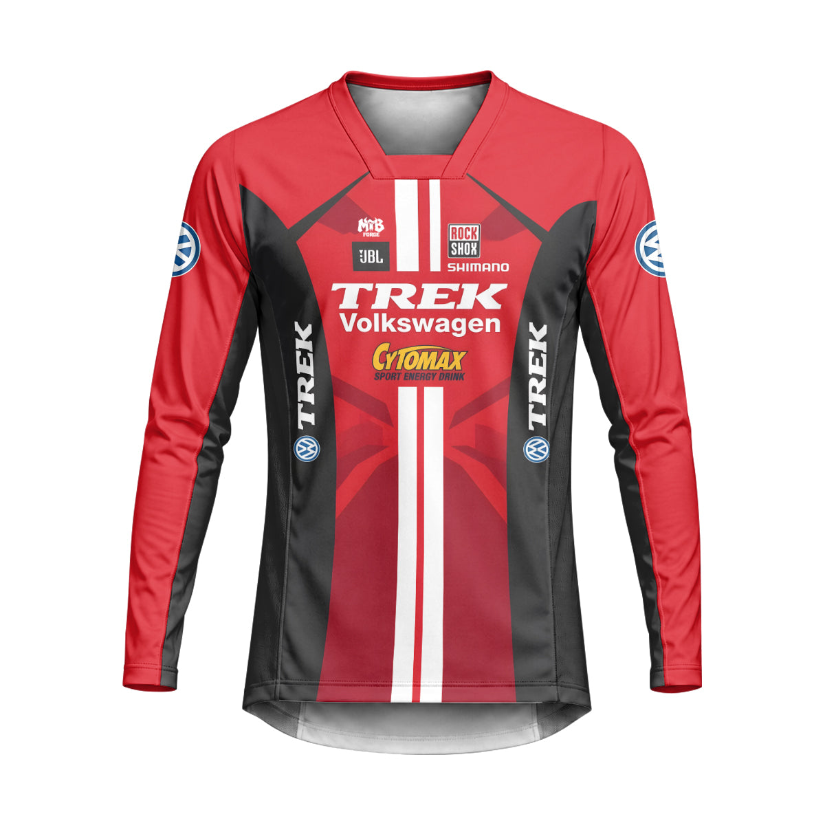 Trek Volkswagen Red Black Heavyweight Long Sleeve Motocross Jersey – Front View Mockup