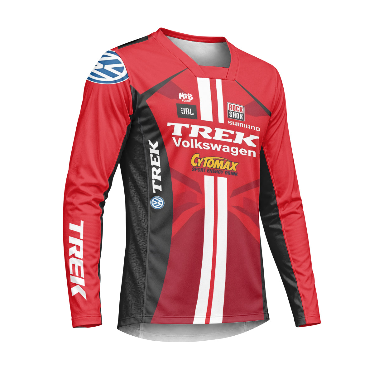 Trek Volkswagen Red Black Heavyweight Long Sleeve Motocross Jersey – Right Side View Mockup