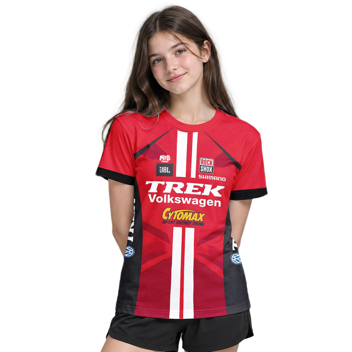 Trek Volkswagen Red Black Youth Short Sleeve Motocross Jersey – Girl Lifestyle View