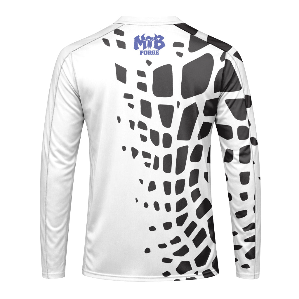 White Black Abstract Long Sleeve Mountain Bike Jersey - back view mockup