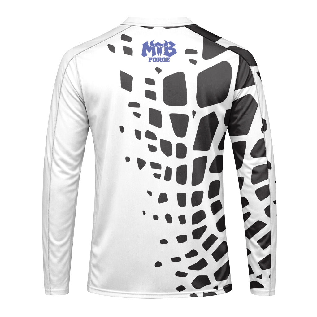 White Black Abstract Youth Long Sleeve Mountain Bike Jersey – Back View Mockup