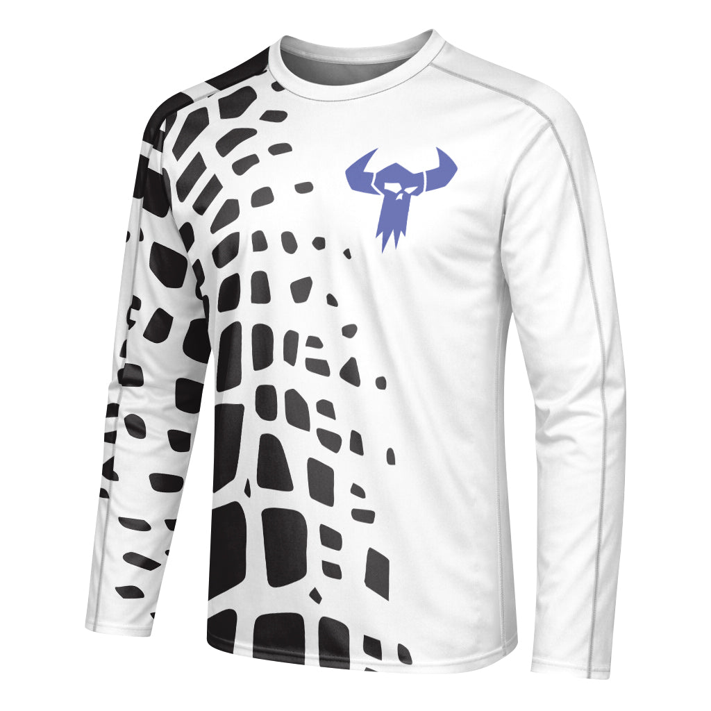 White Black Abstract Youth Long Sleeve Mountain Bike Jersey – Left Side View Mockup