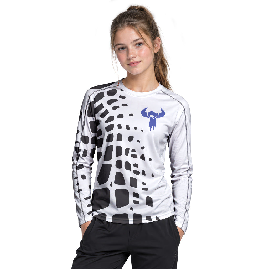 White Black Abstract Youth Long Sleeve Mountain Bike Jersey – Girl Lifestyle View