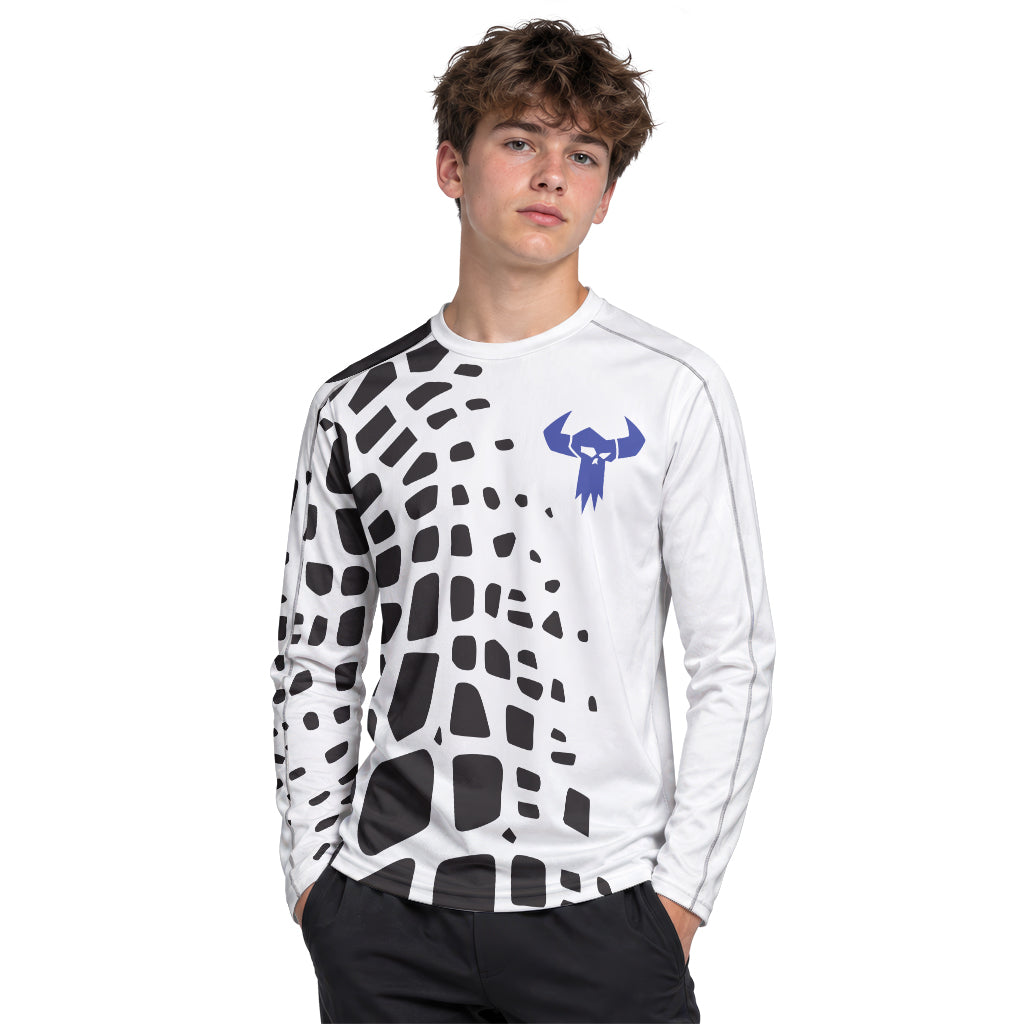 White Black Abstract Youth Long Sleeve Mountain Bike Jersey – Boy Lifestyle View