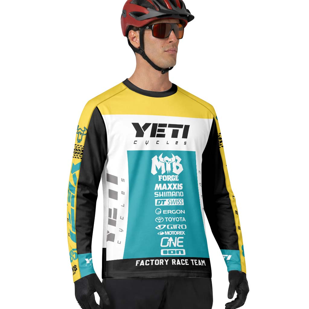 Yeti Cycles Factory Race Team 85 Teal Yellow Long Sleeve Mountain Bike Jersey – Lifestyle View