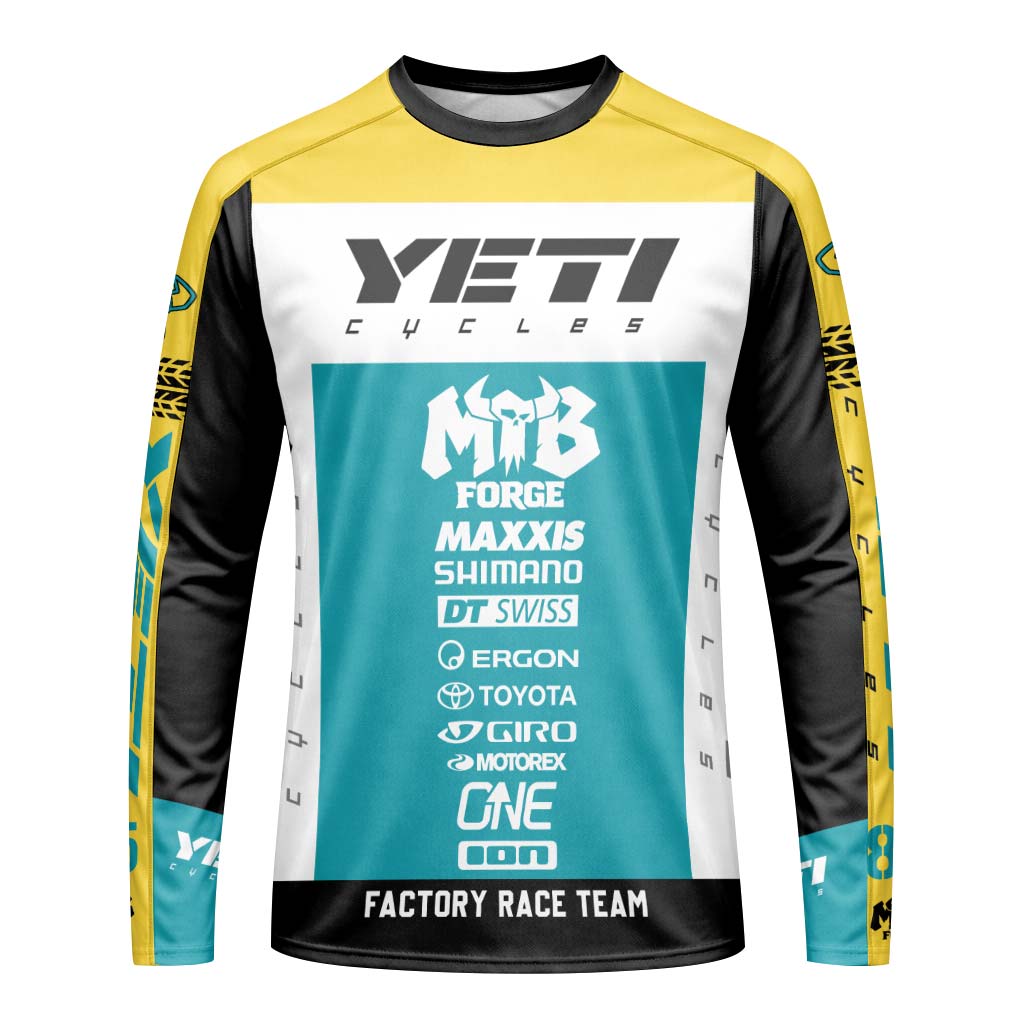 Yeti Cycles Factory Race Team 85 Teal Yellow Long Sleeve Mountain Bike Jersey – Front View Mockup