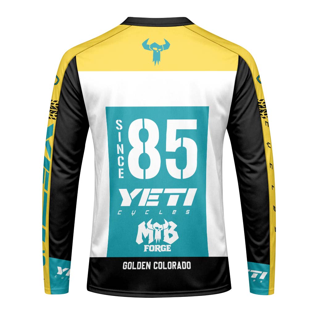 Yeti Cycles Factory Race Team 85 Teal Yellow Long Sleeve Mountain Bike Jersey – Back View Mockup