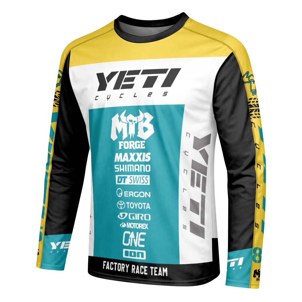 Yeti Cycles Factory Race Team 85 Teal Yellow Long Sleeve Mountain Bike Jersey – Left Side View Mockup