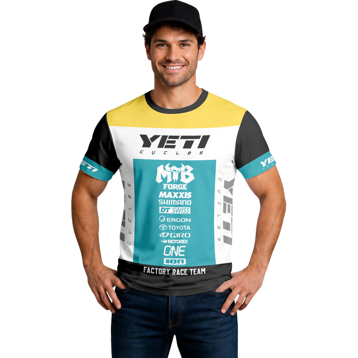 Yeti Cycles Factory Race Team 85 Teal Yellow Short Sleeve Mountain Bike Jersey – Lifestyle View