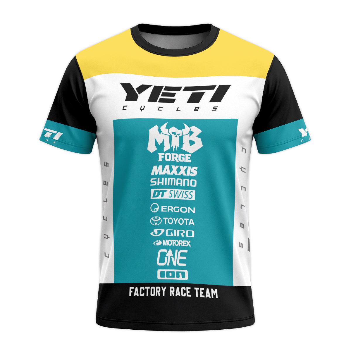 Yeti Cycles Factory Race Team 85 Teal Yellow Short Sleeve Mountain Bike Jersey – Front View Mockup