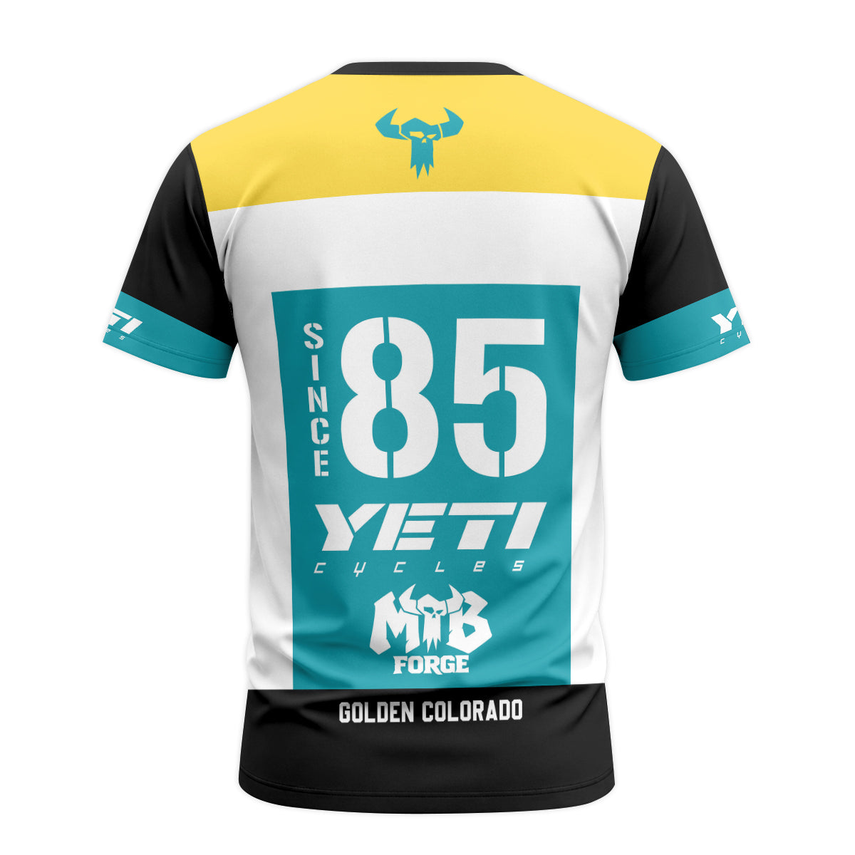 Yeti Cycles Factory Race Team 85 Teal Yellow Short Sleeve Mountain Bike Jersey – Back View Mockup