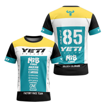 Yeti Cycles Factory Race Team 85 Teal Yellow Short Sleeve Mountain Bike Jersey – Front and Back View